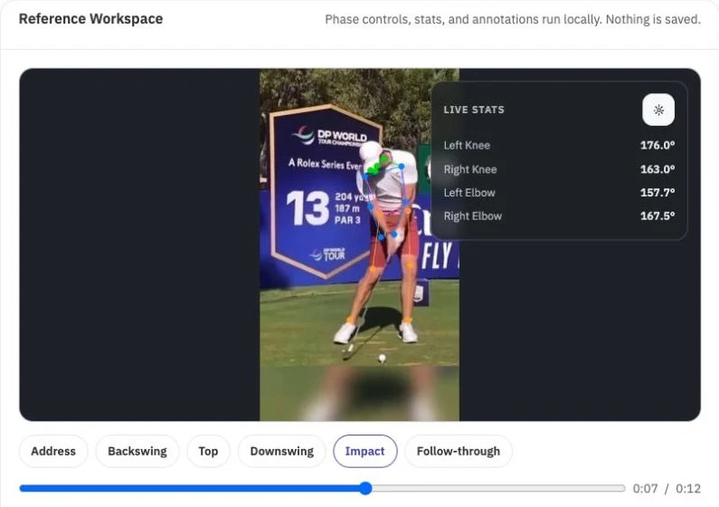Golf swing reference workspace showing an athlete with tracked body points, joint angles, swing phases and a video timeline